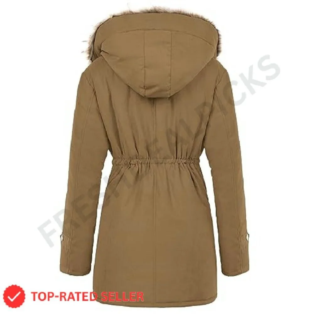 Women's Fleece Lined Parka Jacket Hooded Military Style Winter Coat Warm